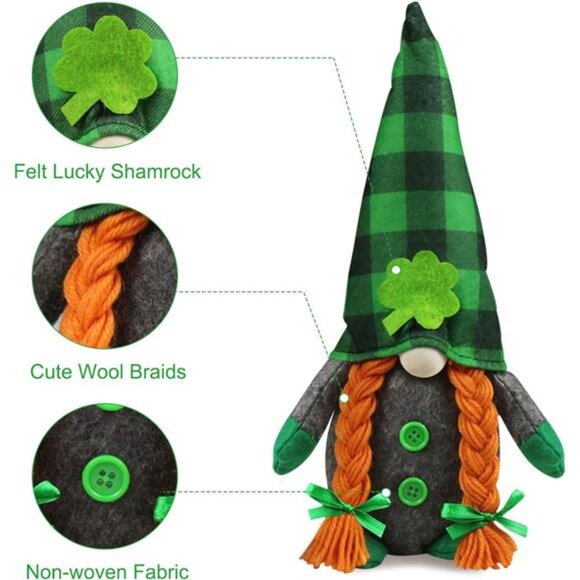 St.Patrick's Day Gnome Plush Elf Decorations - Mr and Mrs Green Buffalo Check - Picture 3 of 8